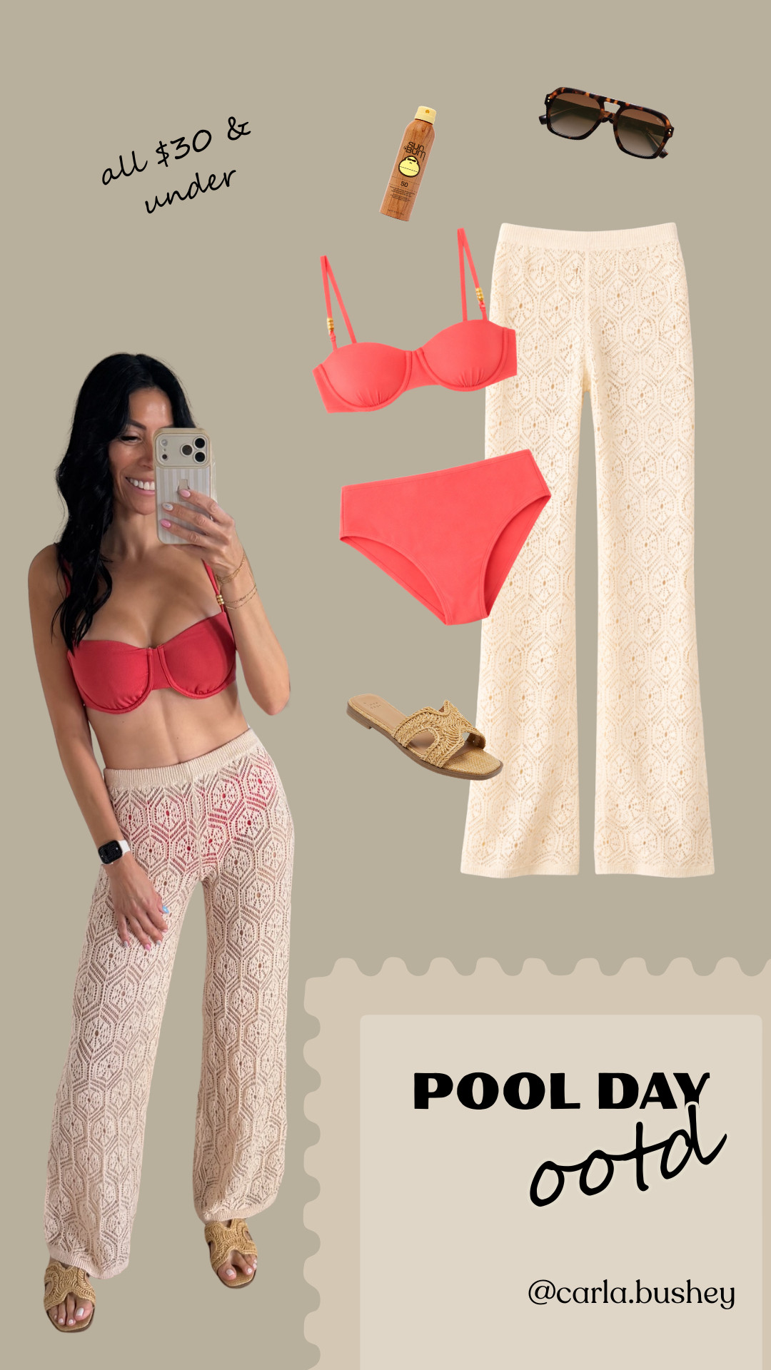 Pool day OOTD 👙

Linked this whole outfit & similar sunglasses from Target!!



Spring outfits 2026, vacation outfits beach, swim, bikini set, crochet pants, coverup, woven sandals, carla.bushey
 

 #LTKSeasonal #LTKSwim #LTKTravel