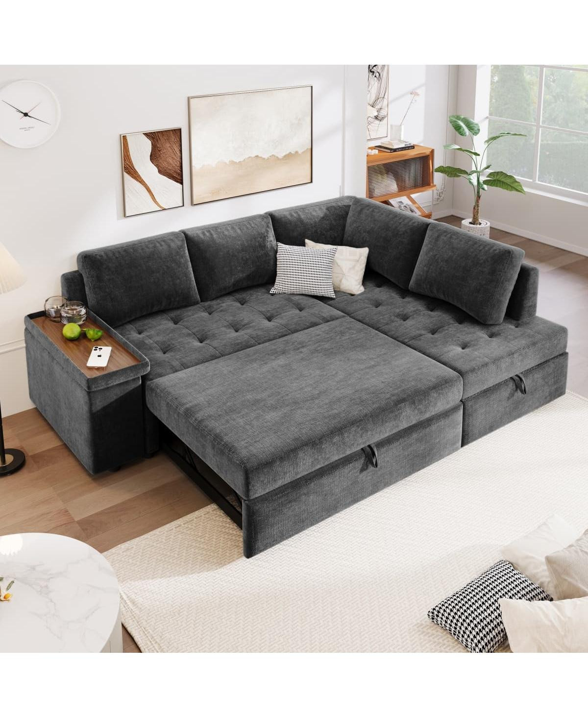 Maison Boucle 91.5" L-Shaped Sleeper Sofa with Pull-Out Bed, Chaise Storage, Tray Armrest & Side Pockets for Apartment or Living Room - Grey | Macy's