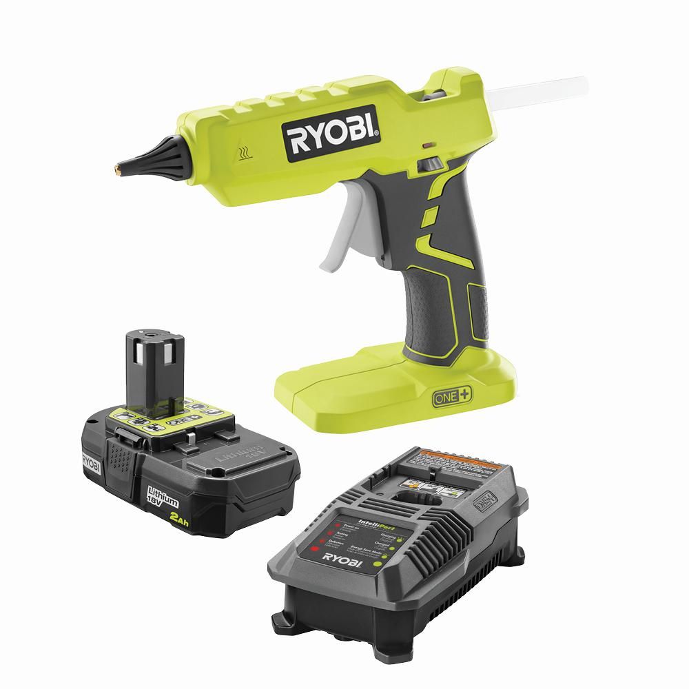 RYOBI 18-Volt ONE+ Cordless Full Size Glue Gun with 3 General Purpose Glue Sticks, 2.0 Ah Lithium-Io | The Home Depot
