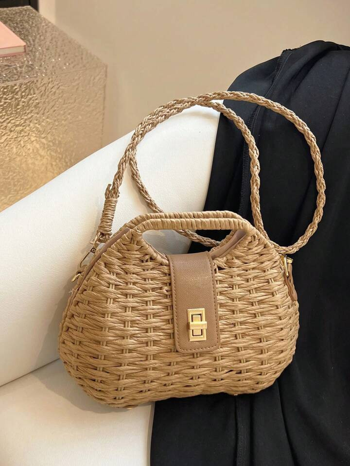 Fashionable Simple Woven Seashell Handbag For Women, Portable Turn-Lock Shoulder Crossbody Bag, S... | SHEIN