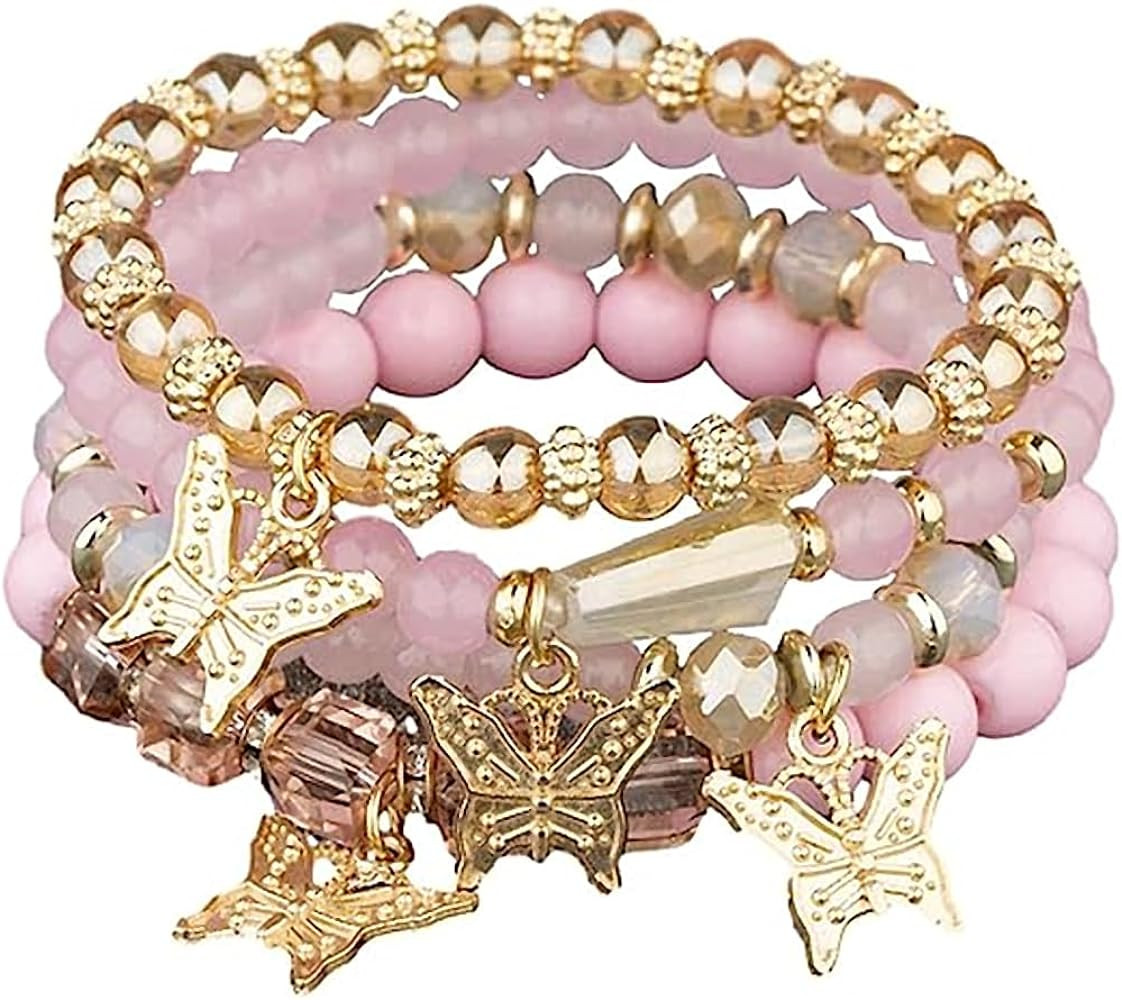 4 Pcs Cute Butterfly Charm Bracelets Set Gold Beaded Stackable Stretch Bracelets Bohemian Summer ... | Amazon (US)