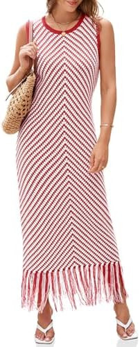Wenrine Womens Summer Crochet Knit Dress Sleeveless Casual Striped Tassel Tank Sweater Boho Maxi ... | Amazon (US)