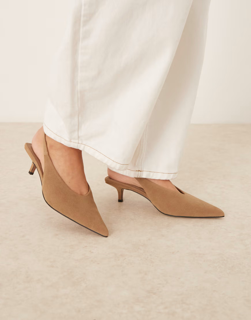 ASOS DESIGN Sydney slingback kitten heel shoes in taupe suedette-Brown | ASOS (Global)