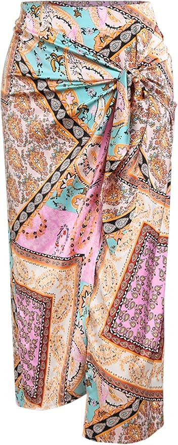 ZAFUL Women's Boho Skirt Asymmetrical Skirts Tied Floral Paisley Printed High Waist Ruched Skirts... | Amazon (US)