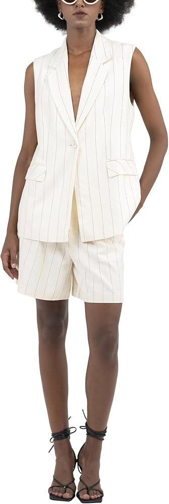 SIXDO Womens Vest Linen Beige Peak Lapel Button Front Flap Pocket Single Breast Stripe for Women | Amazon (US)