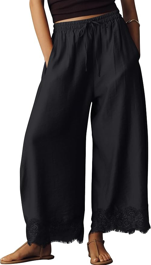 Womens Lace Trim Wide Leg Pants 2026 Summer Cropped Lace-Hem Pants Casual Outfits with Pockets | Amazon (US)
