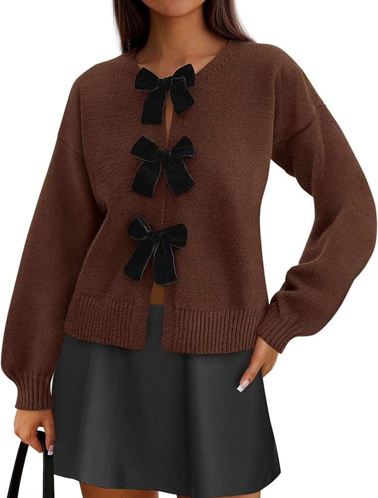 PRETTYGARDEN Cardigan Sweaters for Women Fall Fashion 2025 Bow Tie Front Long Sleeve Knit Sweater... | Amazon (US)
