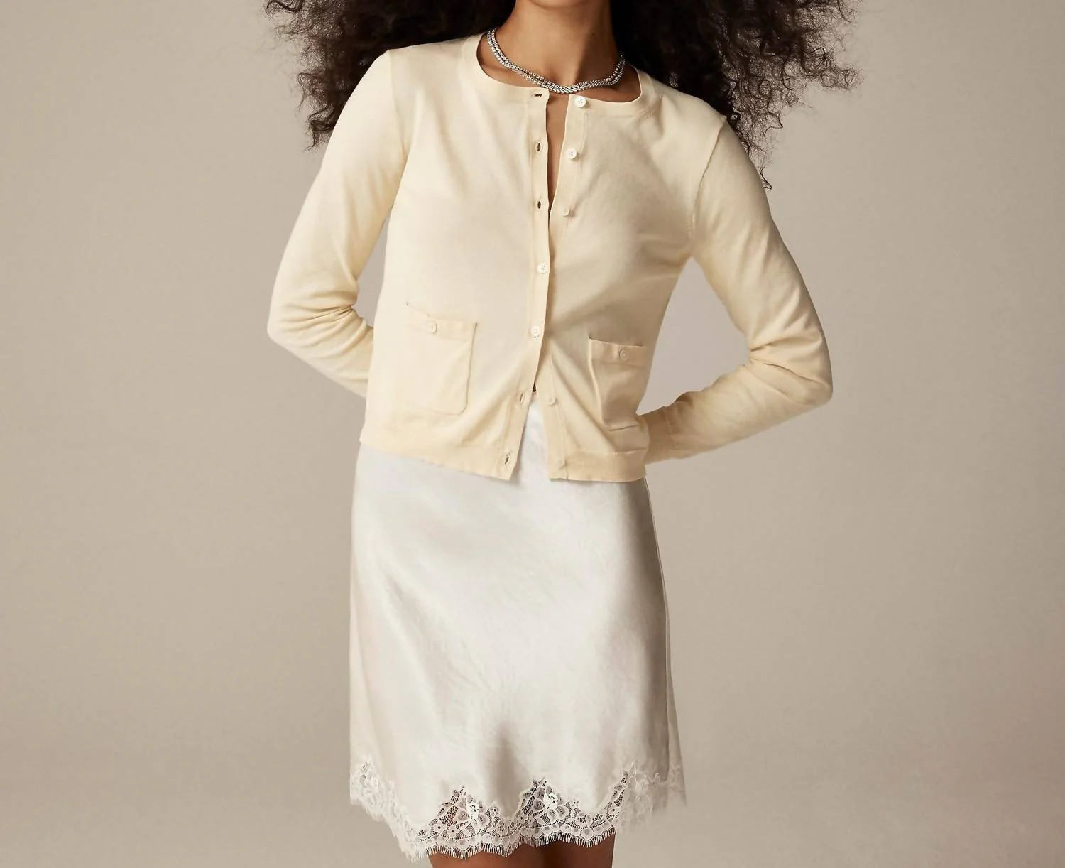 Crewneck Cardigan In Premium Ultrafine Cotton In Ecru | Shop Simon