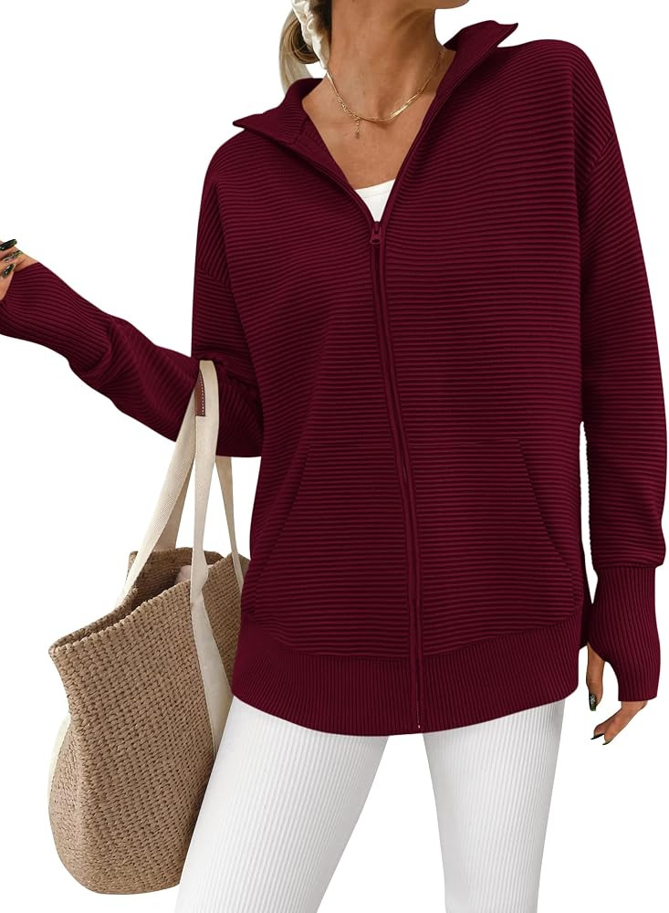 PRETTYGARDEN Women Spring 2026 Long Sleeve Zip Up Cardigan Sweaters Casual Loose Collared Ribbed ... | Amazon (US)