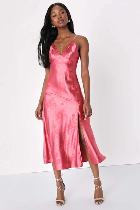 Idyllic Passion Pink Satin Floral Jacquard Midi Slip Dress | Lulus (US)