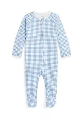 Ralph Lauren Childrenswear Baby Boys Gingham Printed Cotton Footed Coverall, Blue, 9 Months | Belk