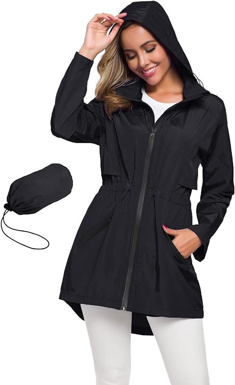 Avoogue Women's Long Raincoat with Hood Outdoor Lightweight Windbreaker Rain Jacket Waterproof | Amazon (US)