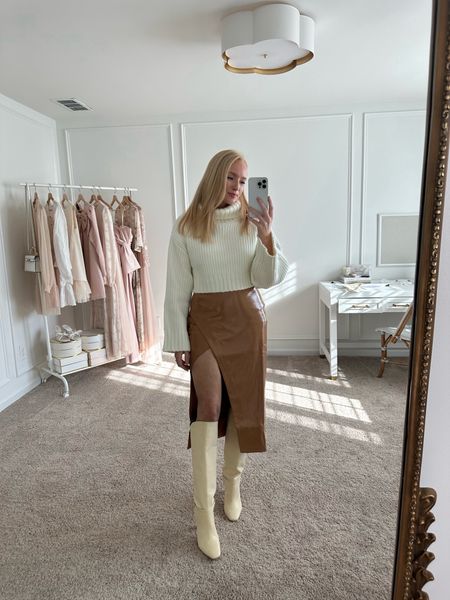 Fall date night outfit idea. Sweater fits tts, I'm wearing a small. Leather skirt fits tts, wearing a small.

#LTKstyletip #LTKHoliday #LTKSeasonal