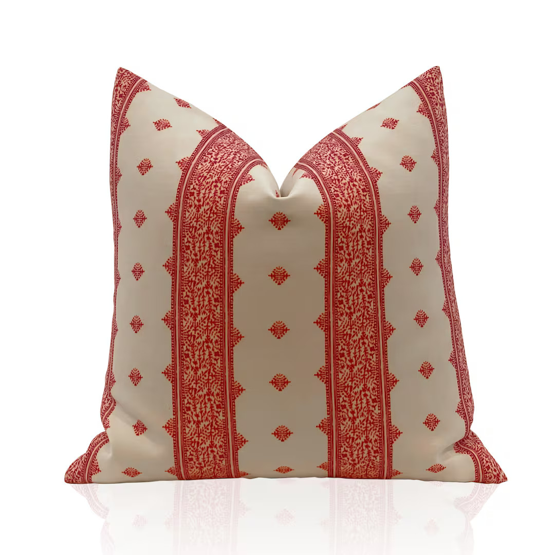 Indoor Outdoor Pillows, Peter Dunham Fez Pillow Cover in Raspberry On White, Designer Pillow, Sof... | Etsy (US)