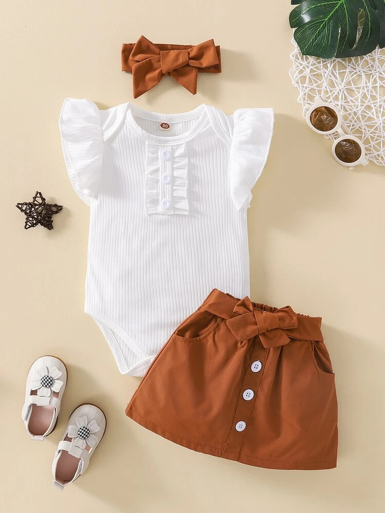 Baby Ruffle Trim Bodysuit And Belted Skirt With Headband | SHEIN