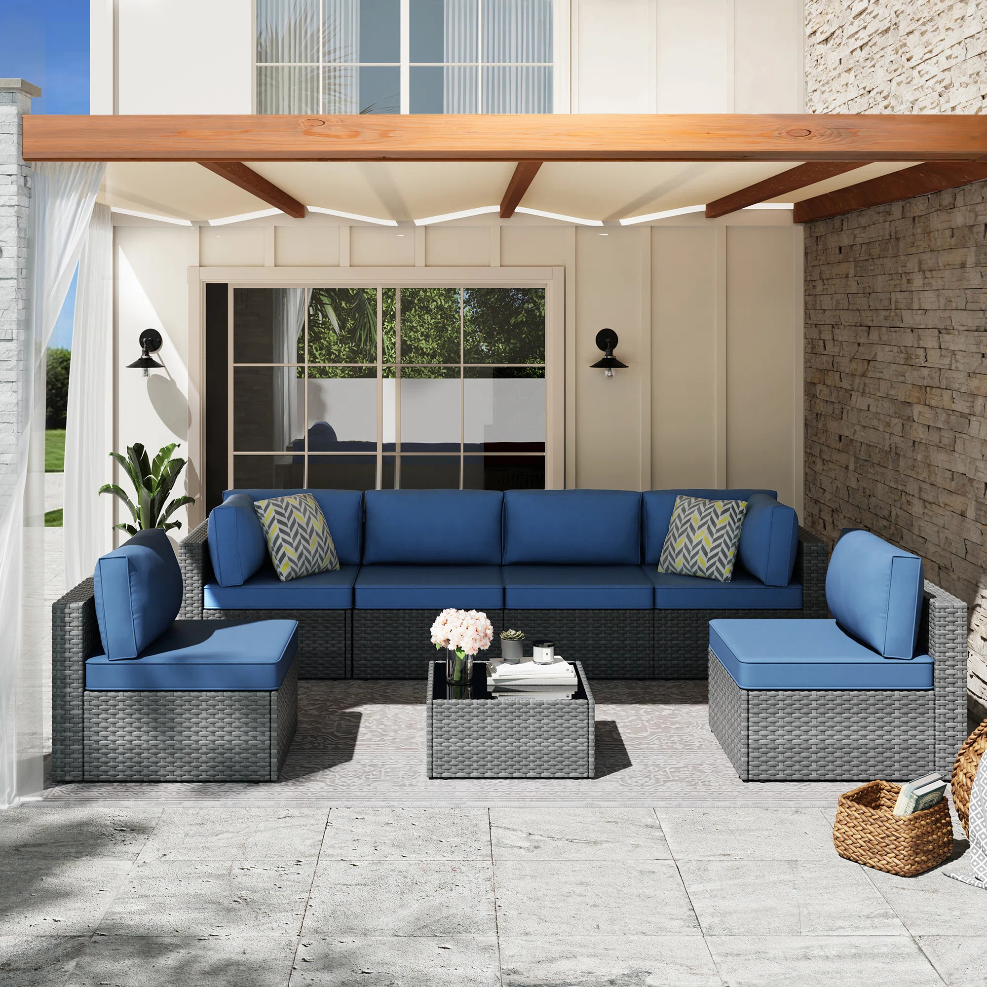 6 - Person Outdoor Patio Set Wicker Seating Group with Cushions | Wayfair North America