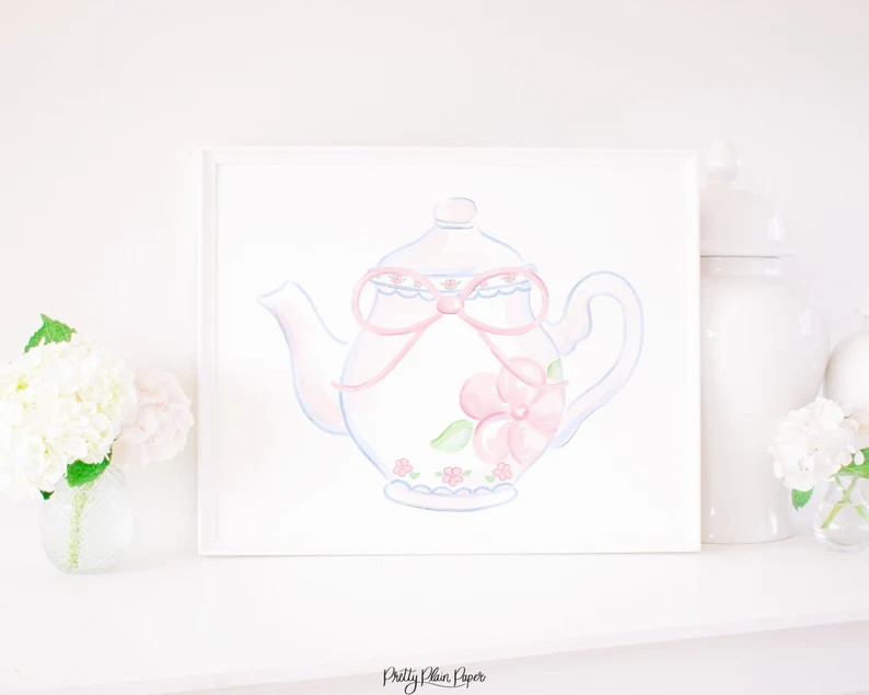 Watercolor Floral Tea Pot Print 8x10 or 16x20 Pink White Tea Party Original Art Birthday, Baby Sh... | Etsy (US)