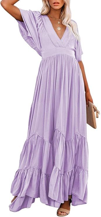 TOLENY Women's Summer Bohemian Dress V Neck Batwing Sleeve Swing Party Maxi Boho Dress | Amazon (US)