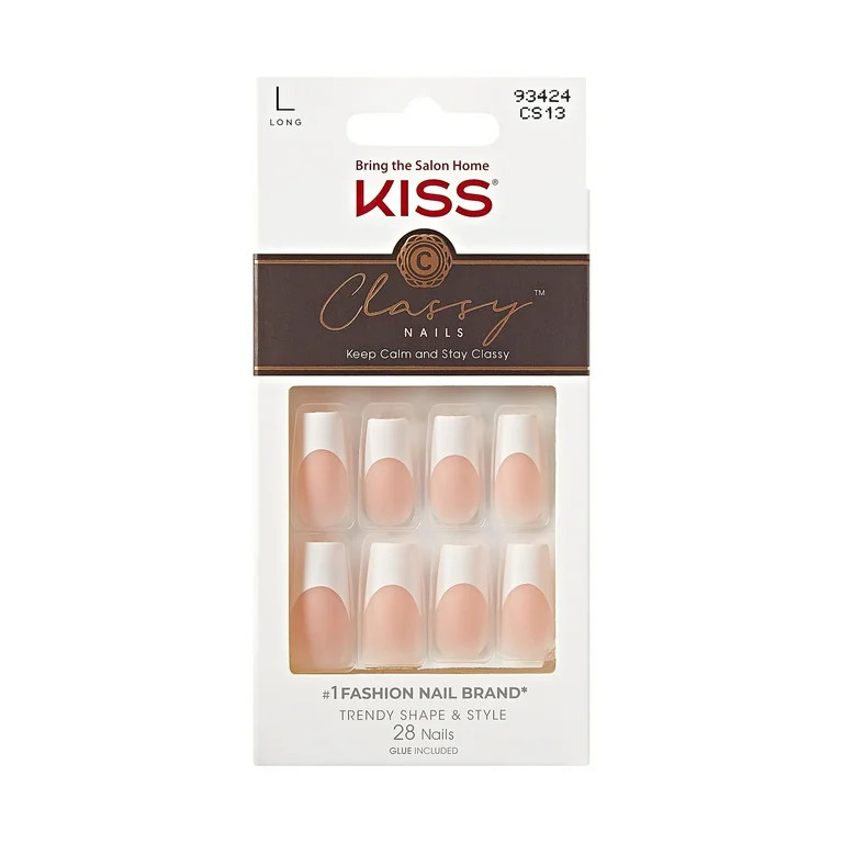 KISS Classy French Tip Press On Nails, Movin’, White, Long Square, 28 Count | Walmart (US)