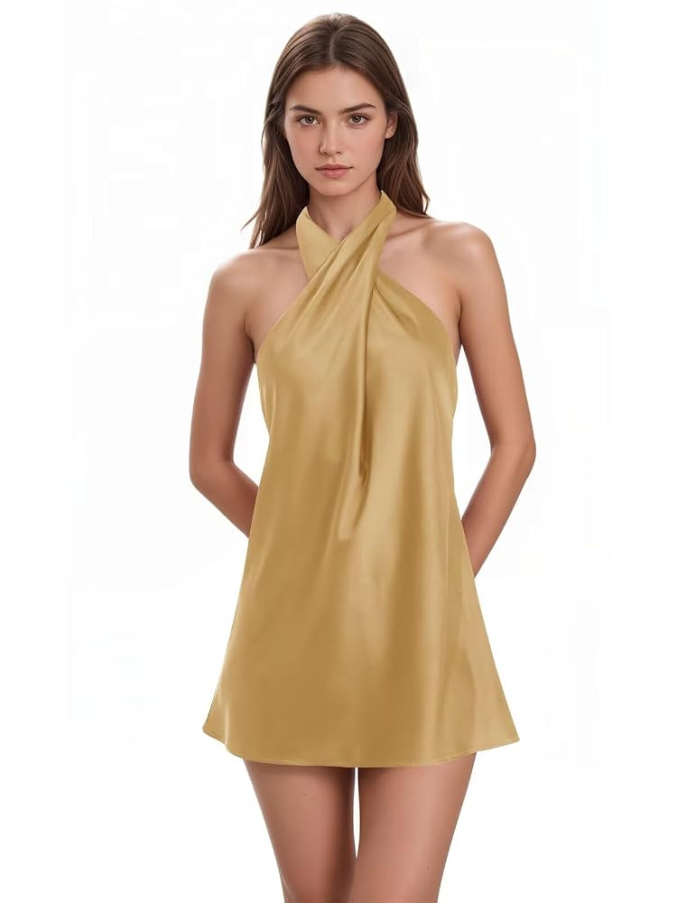 Eightale Satin Homecoming Dress 2025 Halter Short Mini Backless Sleeveless Cocktail Party Gown | Amazon (US)