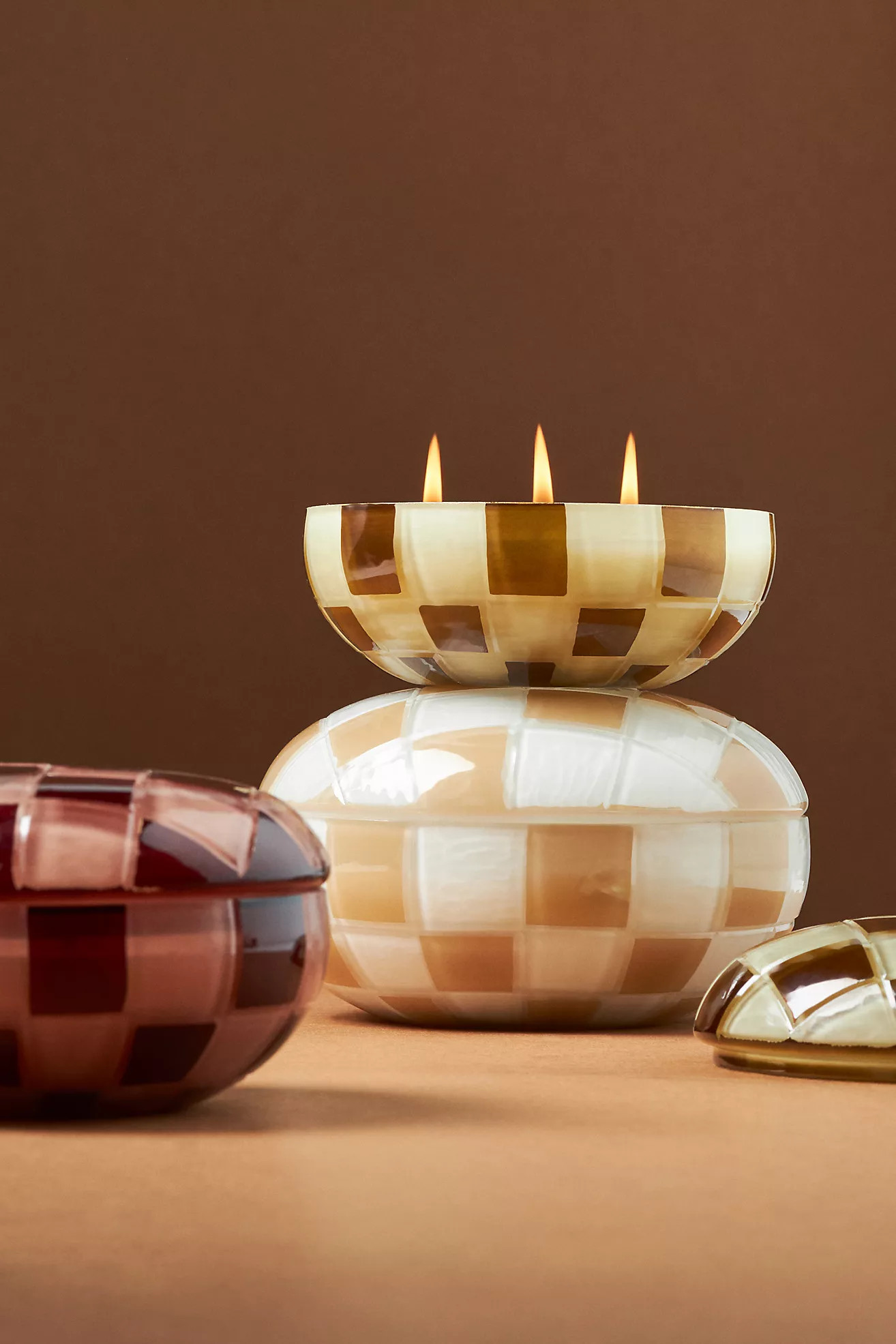 Reese Woody Golden Amber & Pine Checkered Glass Candle | Anthropologie (US)