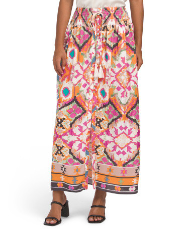 Smocking Waistband Maxi Skirt With Shell Buttons And Loop Tie | TJ Maxx