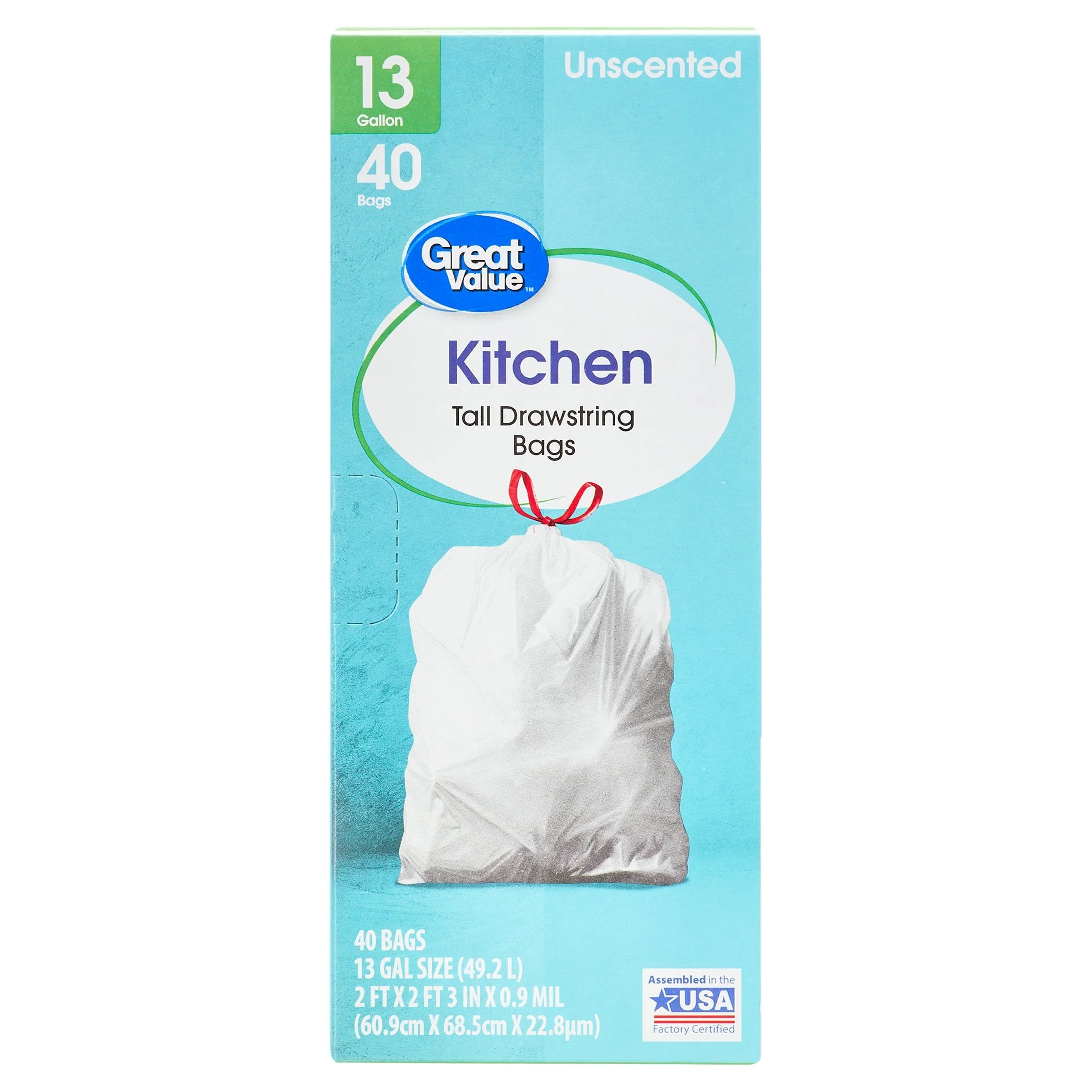 Great Value 13-Gallon Drawstring Tall Kitchen Trash Bags, Unscented, 40 Bags | Walmart (US)