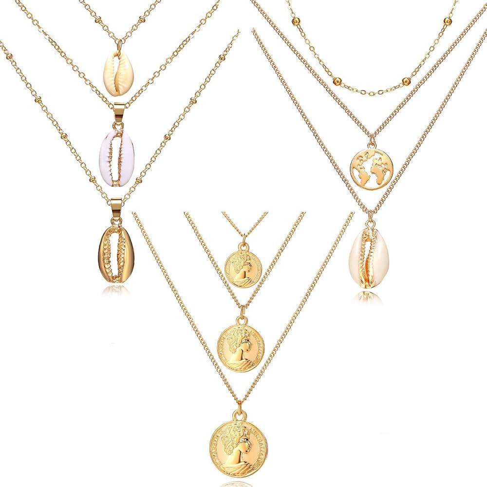 3pcs Natural Shell Pendant Necklace for Women Summer Boho World Map Coin Layered Necklace Jewelry... | Amazon (US)