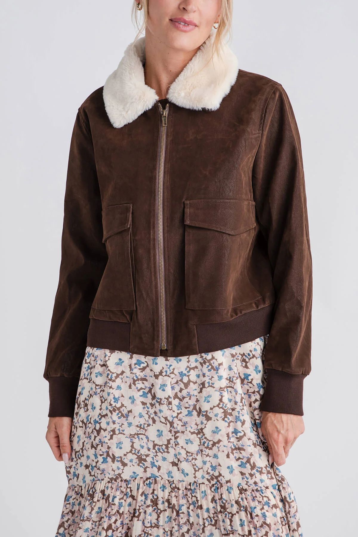 Miou Muse Textured Pleather Bomber Jacket with Fur Collar | Social Threads