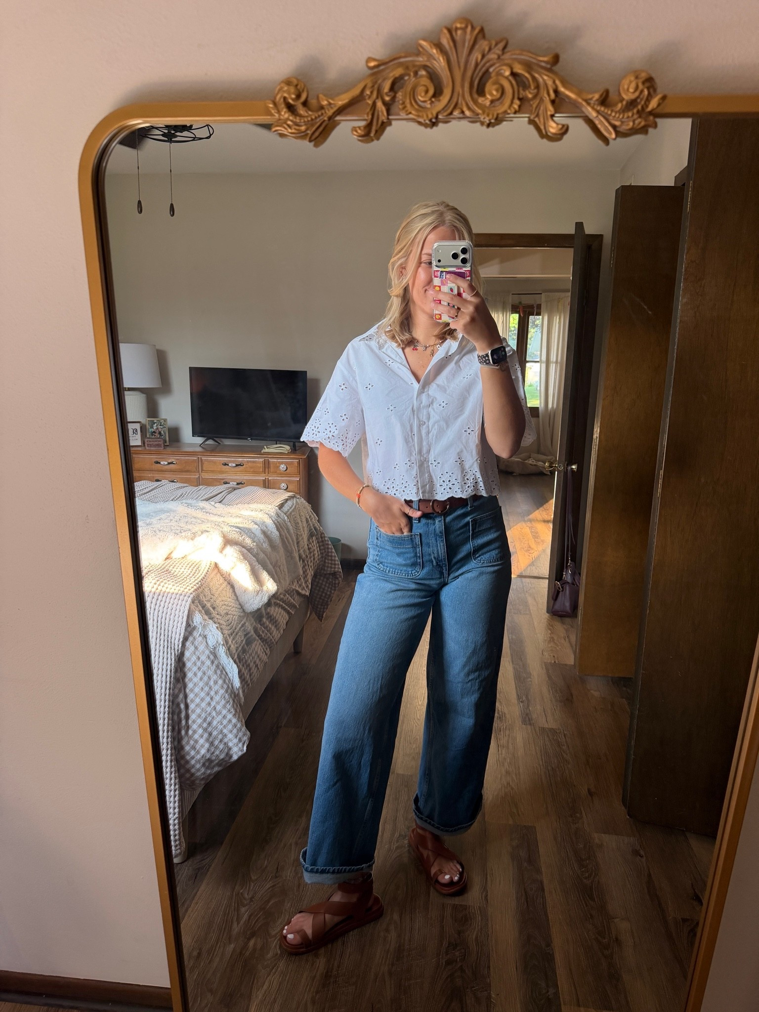 Another 👀 at Wednesday’s OOTS — 07.08.26 🤍🌤️🤎👖

size 4 in Walmart high rise jeans
size small in white cropped Walmart eyelet button-up
size 8.5 in brown @Target sandals (old but linking some new options)
brown belt is also from @Target 
😎 sunglasses are from Amazon & so is green checkered crossbody bag
👂🏼cuuuute new earrings are from Amazon too - LOVE the light blue with the white shirt!!!
☕️travel coffee mug is Amazon as well

Walmart style, Walmart finds, Walmart denim, free assembly finds, Walmart fashion, free assembly jeans, free assembly tops, white tops, eyelet tops, button up tops, high rise denim, summer outfits, office outfits, Target sandals, brown sandals, Target finds, Target footwear, summer sandals, Amazon finds, Amazon fashion, Amazon crossbody bags, Amazon jewelry, beauty finds, trending on Amazon, outfit of the day

#LTKootd #LTKSeasonal #LTKSaleAlert