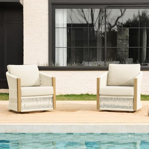 CHITA Boho Patio Rattan 360° Swivel Chair Set of 2, Outdoor Wicker Furniture with Thickened Cushions, Fully Assembled(Cream) | Amazon (US)