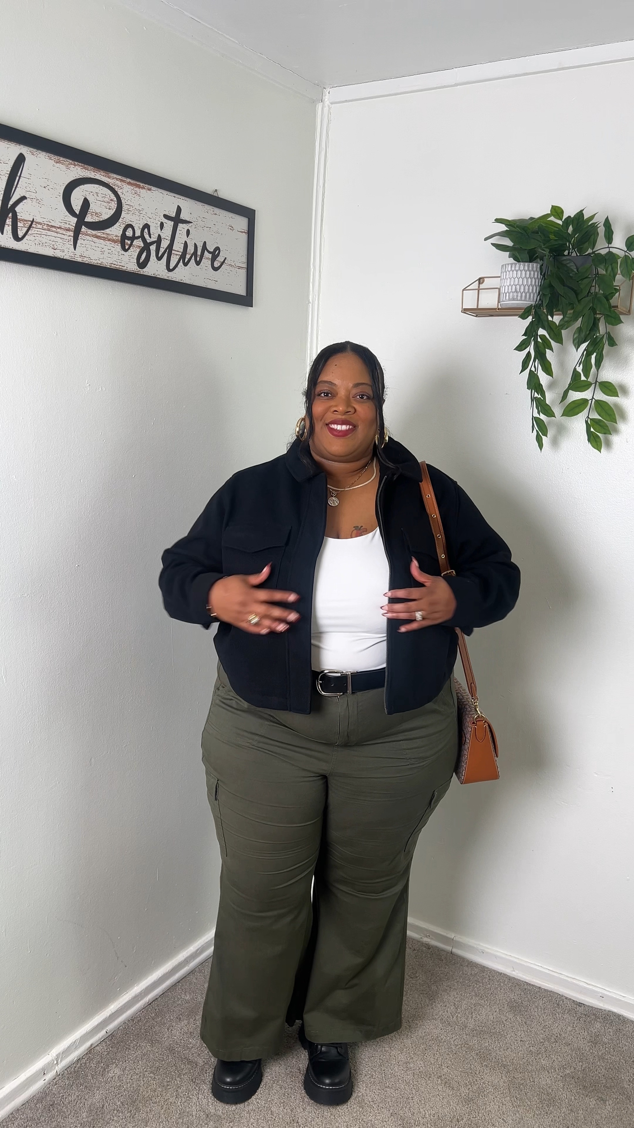 Heading to my niece’s casual birthday dinner, I kept it simple but stylish! This shirt jacket from Old Navy is comfortable and adds such a cute touch to the look. I also have it in cream and pink plaid, such great finds, and they’re on SALE right now! Paired it with these flare-leg cargo pants from Torrid and my combat boots, which were perfect for the chilly weather. I’ll add the details for these outfits if you’re interested. Some pieces I’ve had for a while, but I’ll try to find similar options.