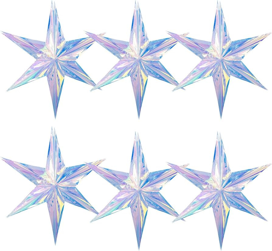 6 Pack 15.74 Inch Iridescent Ornament Star Hanging Decorations Hexagon Star Clear Foil Decorative... | Amazon (US)