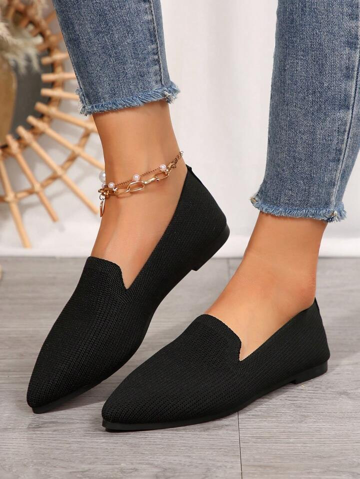 Women's Solid Color Flat Shoes, Breathable Knit Pointed Toe Slip-On, Lightweight And Comfortable | SHEIN