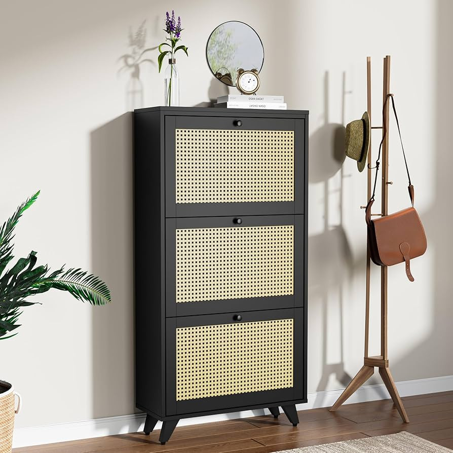 Cozy Castle Rattan Narrow Shoe Cabinet with 3 FILP Drawers, Freestanding Shoe Storage Organizer, ... | Amazon (US)