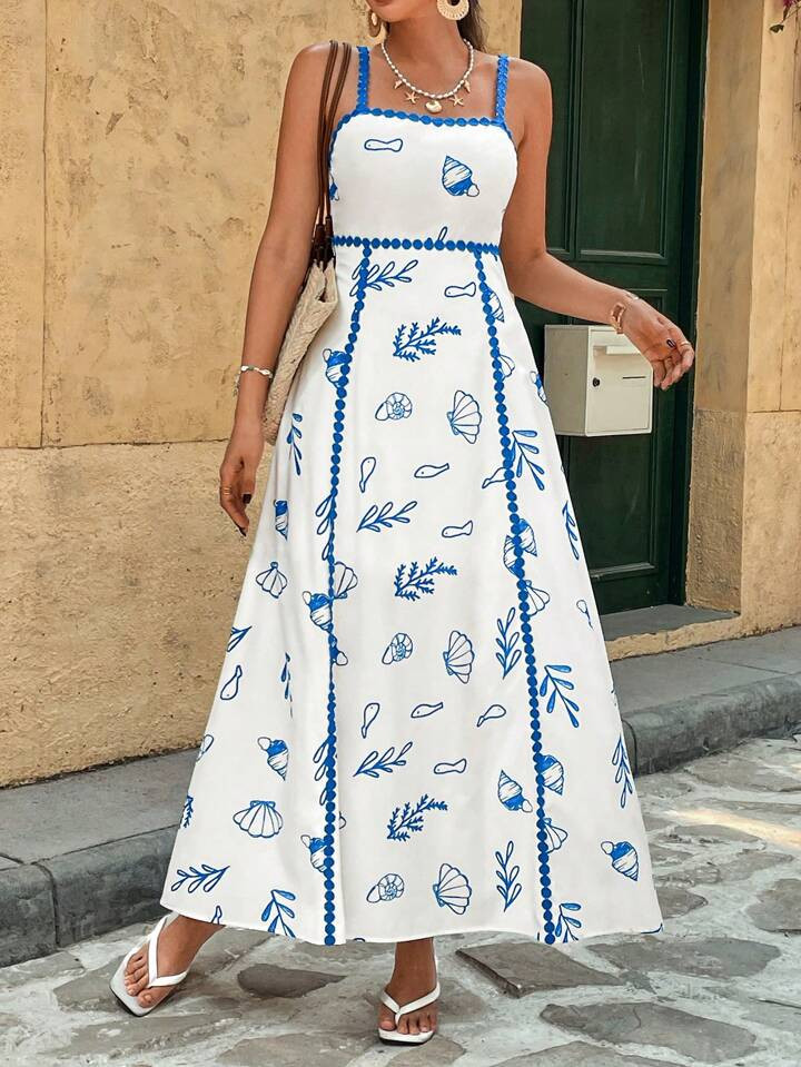 SHEIN VCAY Summer Out Holiday Date Dress, Women's Lace Matching Color Halter Long Dress, Holiday Summer Beach Dress, Back-To-School Dress, Very Simple Dress, Office Dress, Old Money Dress, Teacher Dress, Dating Dress, Blue And White Dress, Going Out For Wedding Season Bestie Afternoon Tea Party Holiday Dress, Going Out For Music Festival Dress | SHEIN