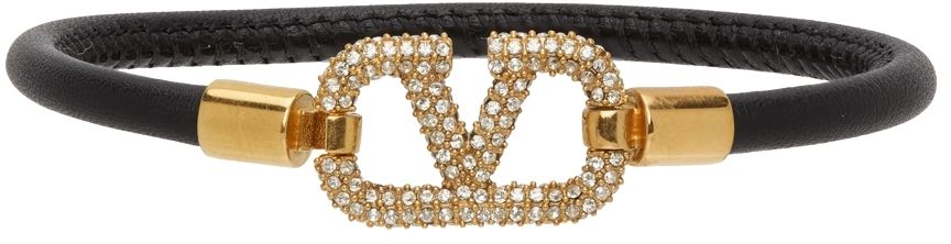 Black Leather VLogo Crystal Bracelet | SSENSE
