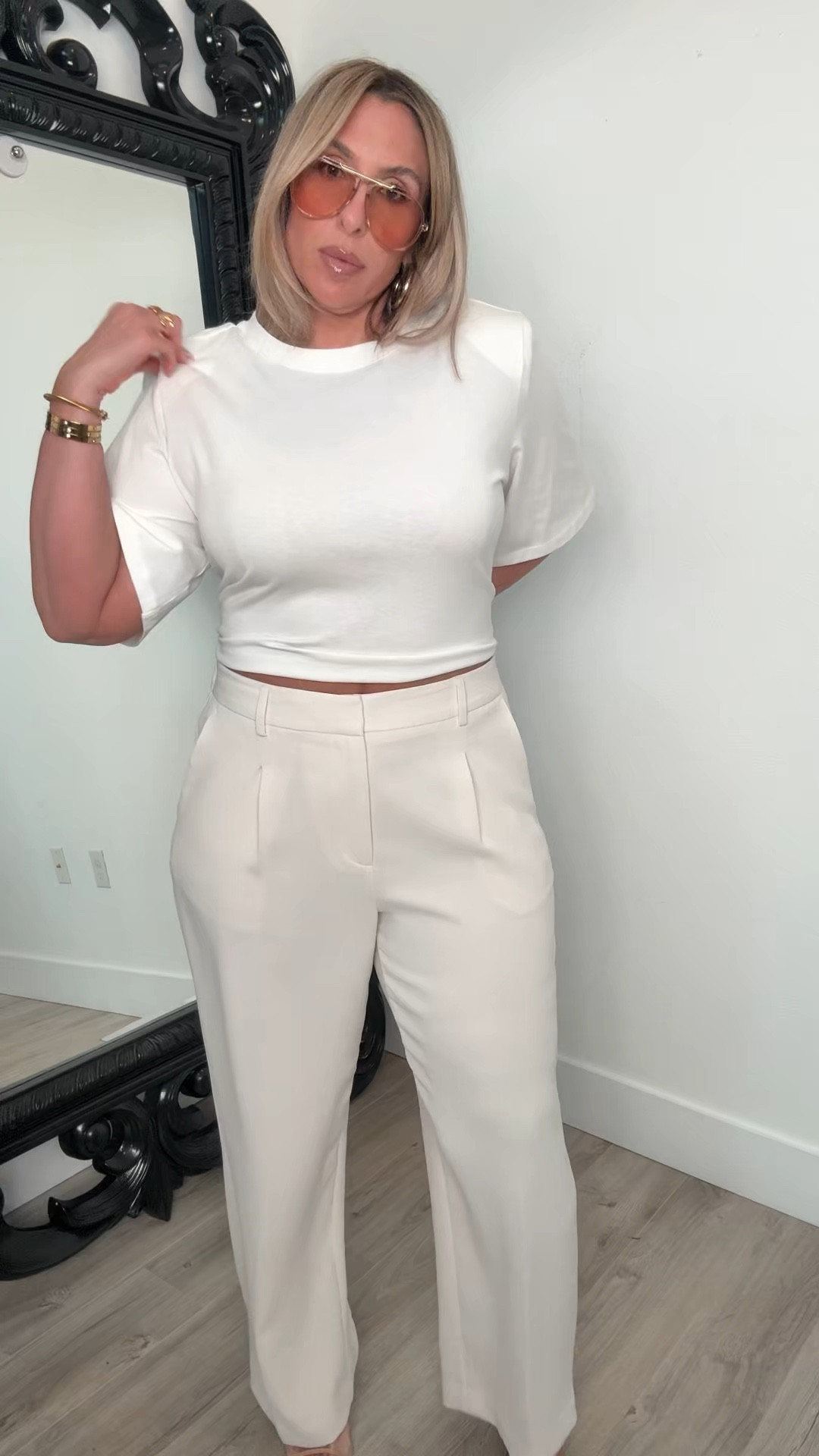 Elevated cream outfit 

trousers 14L size up if you curvy and the hips and thighs
shoulder pad tee shirt old linked to similar options
tweed bomber L 


#LTKOver40 #LTKMidsize #LTKootd