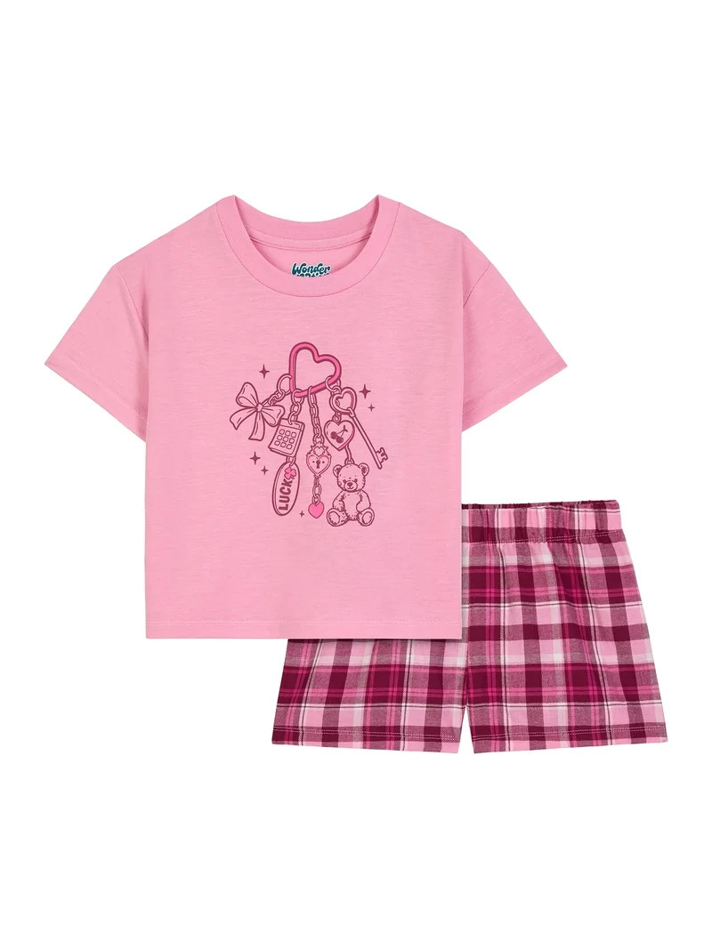 Wonder Nation Girls Short Sleeve Top and Woven Sleep Pant Pajama Set, 2-Piece, Sizes 4-18 | Walmart (US)