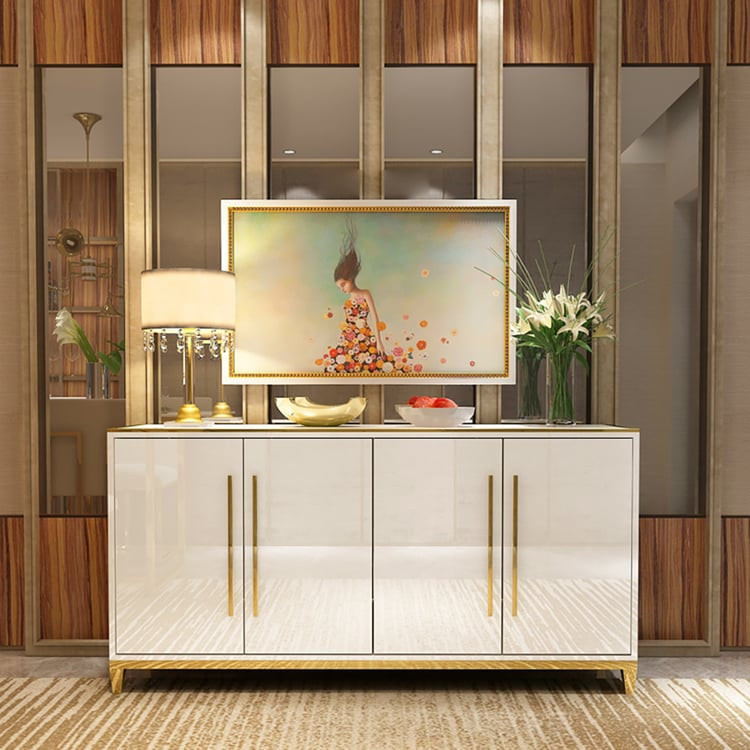59" Rectangle White Sideboard Buffet Tempered Glass Top Cabinet 4 Doors & 2 Shelves | Homary | Homary