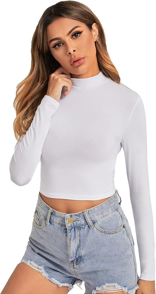 Verdusa Women's Basic Mock Neck Long Sleeve Fitted Crop T Shirt Top | Amazon (US)