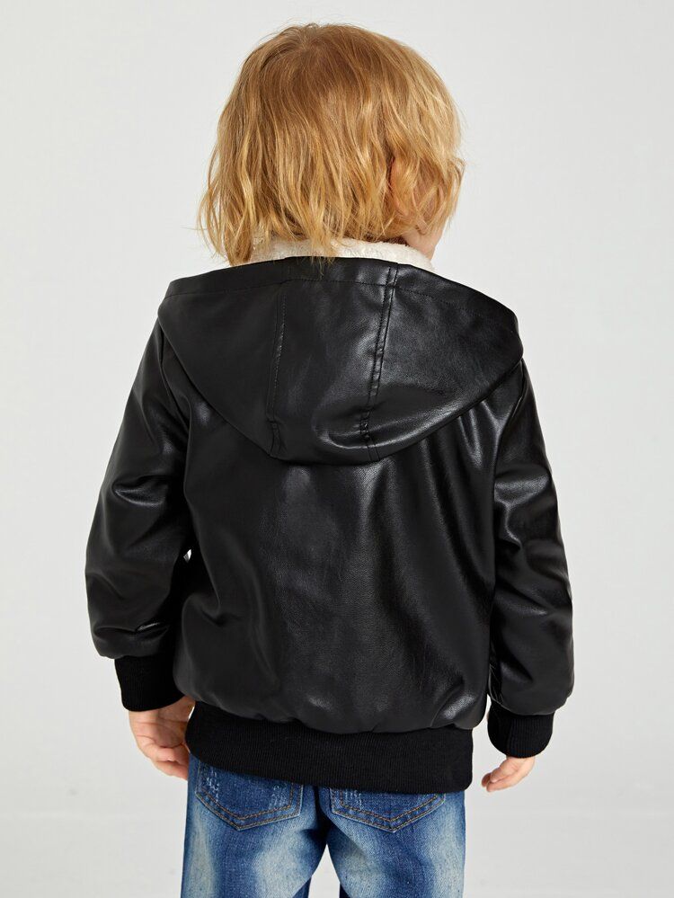 SHEIN Toddler Boys Zipper Hooded Teddy Lined PU Leather Jacket | SHEIN