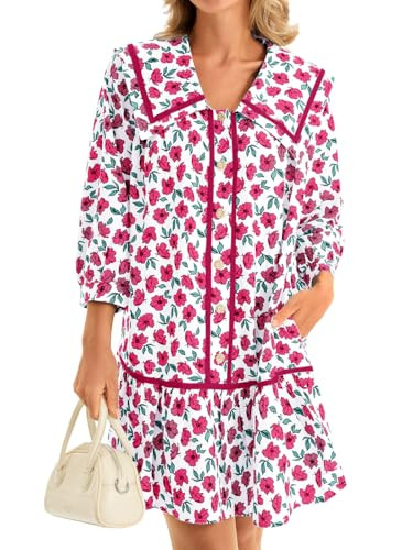 Wenrine Womens Casual Shirt Dresses 3/4 Long Sleeve Floral Button Down Flowy Babydoll Fall Mini D... | Amazon (US)
