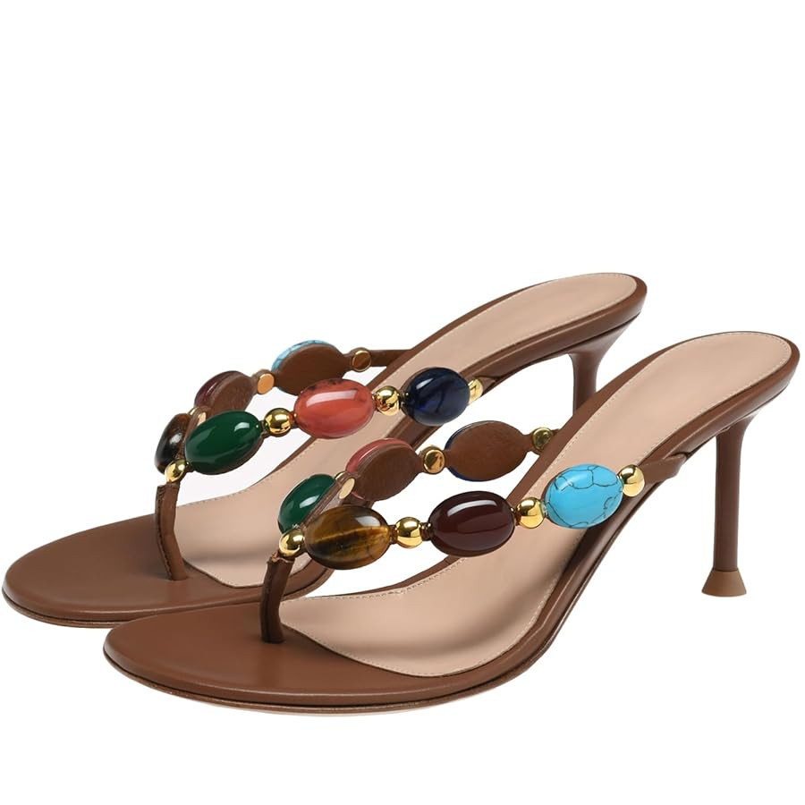 Jewelled Thong Heeled Sandals for Women Slip On Round Open Toe Flip Flop Pumps Mules Summer Strap... | Amazon (US)