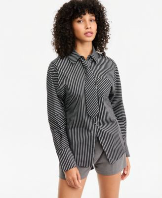 Bar Iii Women's Striped Tie-Neck Long-Sleeve Shirt, Macy's Exclusive - Black Combo | Macy's