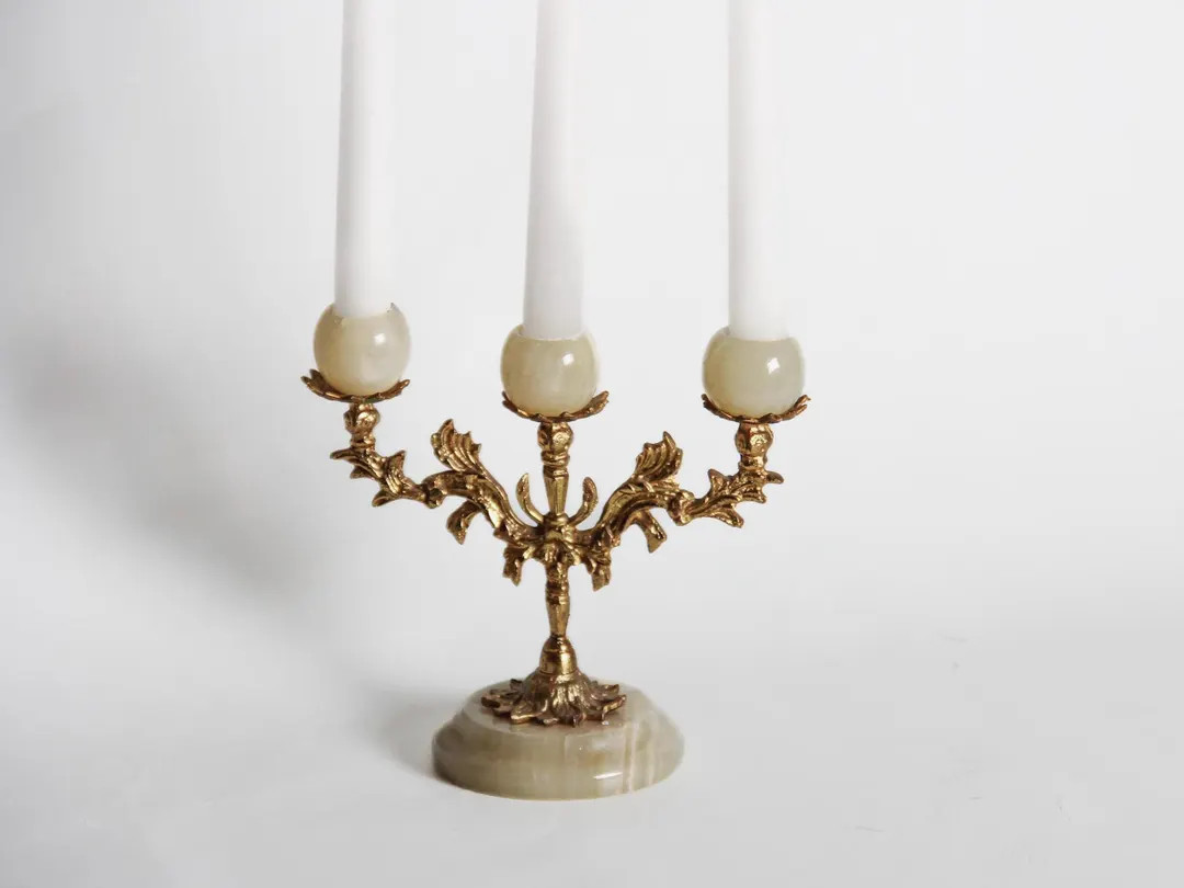 Antique Brass Candelabra With Marble Base Vintage 3-arm Candle Holder Elegant French Home Décor ... | Etsy (US)