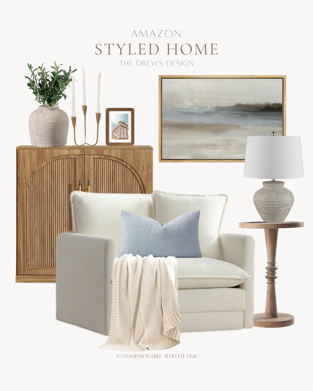 Styled home includes accent chair, throw pillow, throw blanket, side table, table lamp, wall art, frame, candle stick holder, vase, greenery stems, and small cabinet.

Home decor, styled home, neutral home, coastal home

#LTKFindsUnder50 #LTKFindsUnder100 #LTKHome