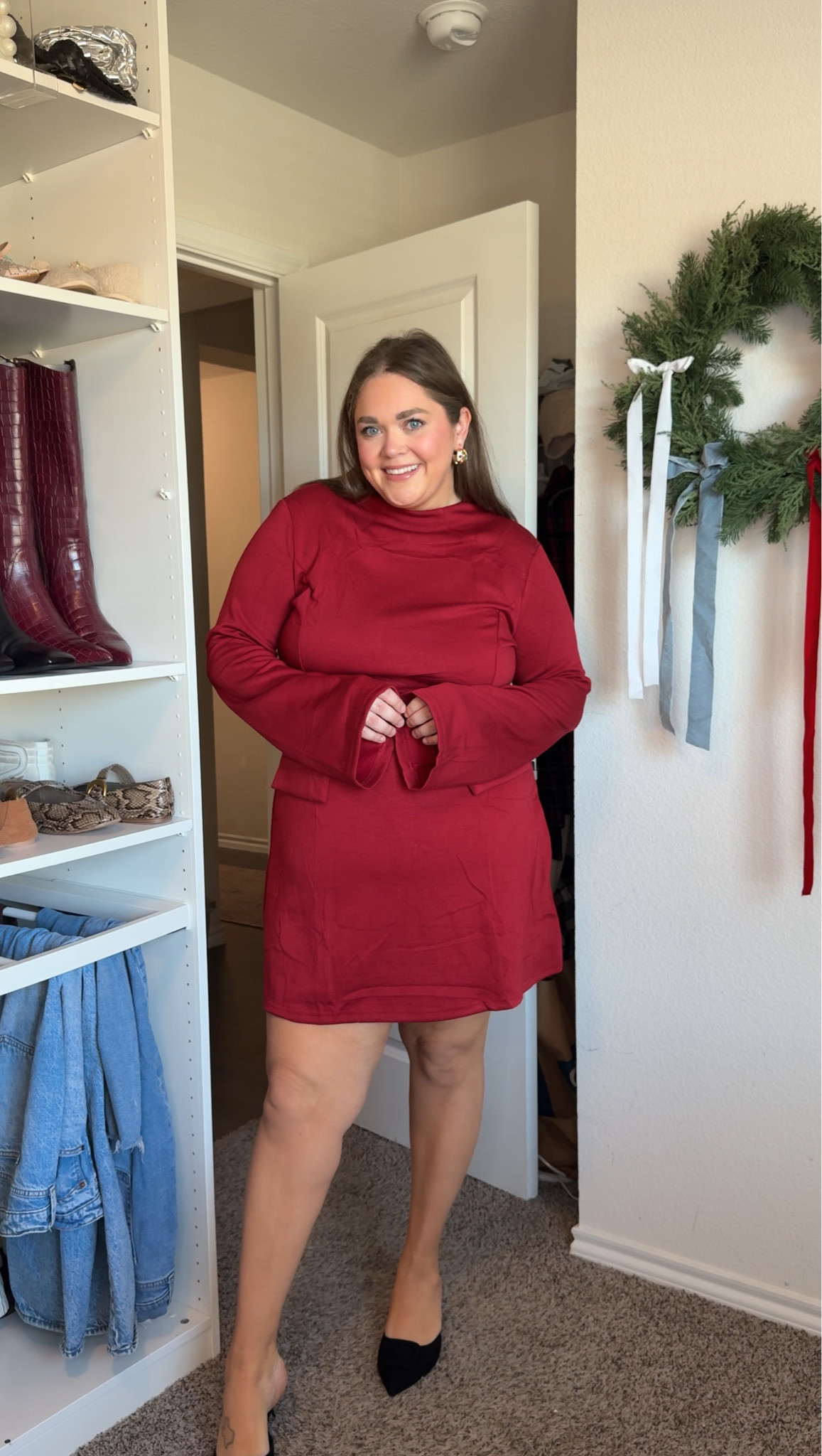 Amazon holiday plus size outfit wearing xxl in mini dress. Favorite kitten heel mules are so comfy  

#LTKHoliday #LTKPlusSize #LTKFindsUnder50