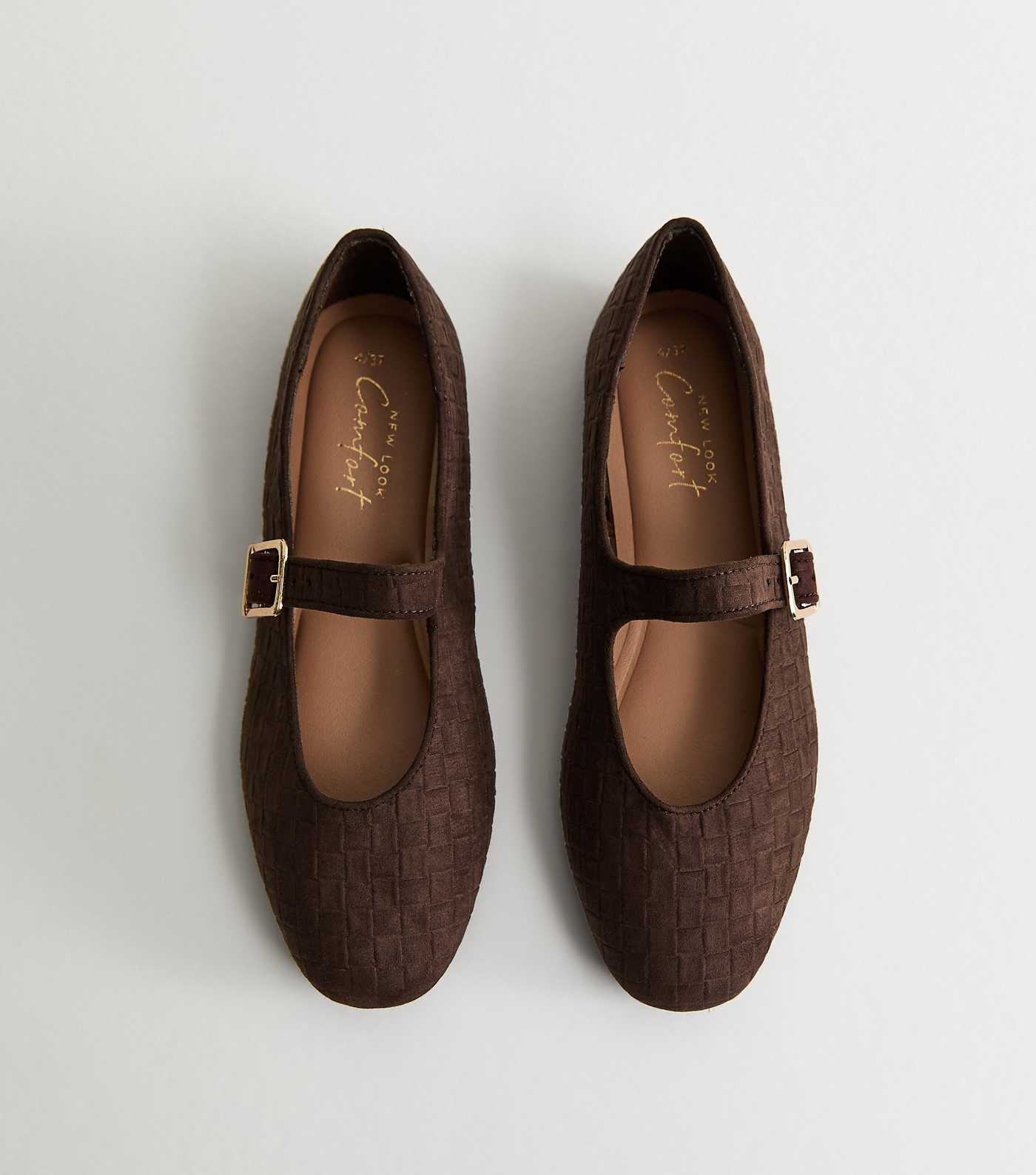 Brown Textured Faux Suede Buckled Mary Jane Flats | New Look | New Look (UK)