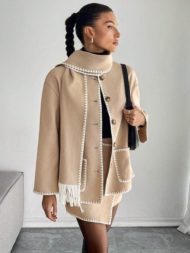 SHEIN Essnce Women's Autumn/Winter Bud Edge Dropped Shoulder Long Sleeve Dual Pocket Casual Jacke... | SHEIN